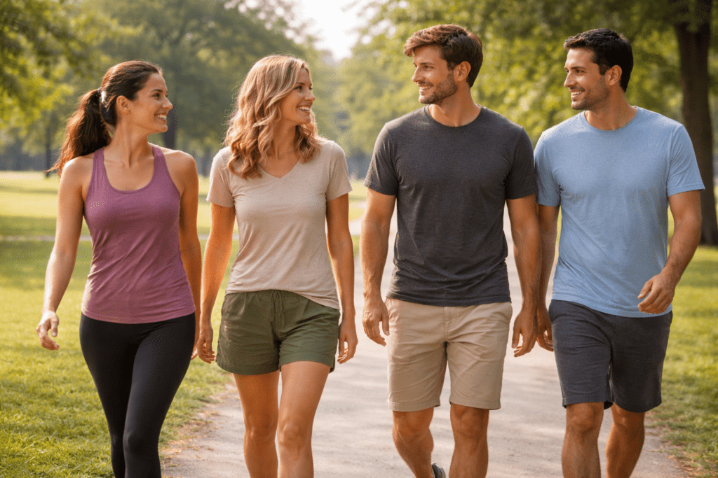 Adults walking together outdoors, showing activity that helps preserve muscle and metabolism