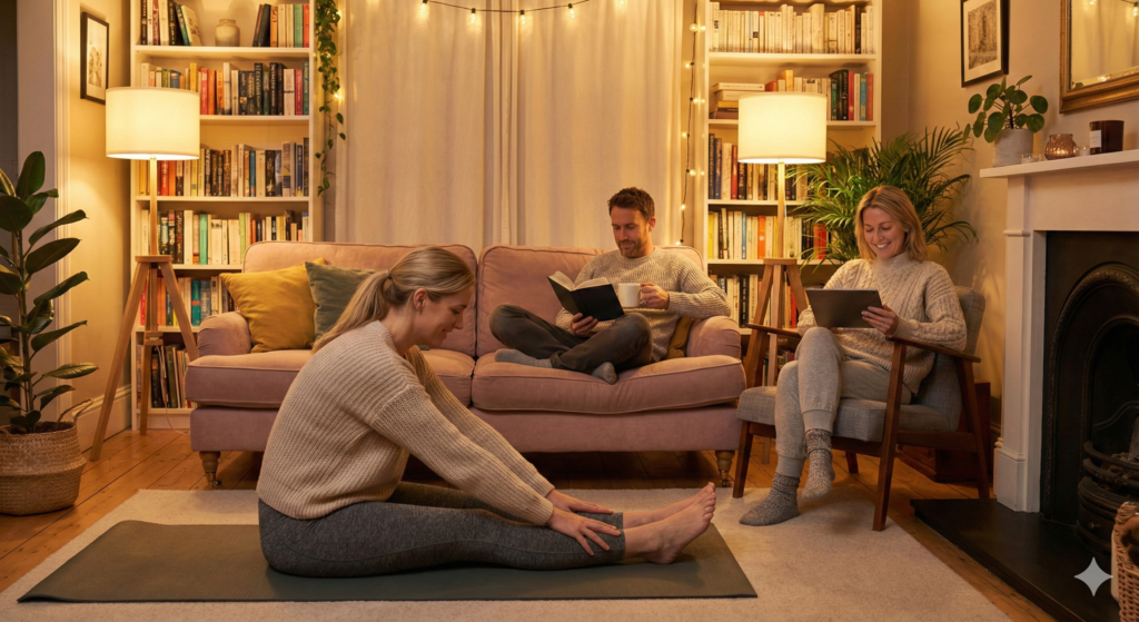 Adults relaxing in the evening with reading and light stretching, demonstrating healthy night habits that support fat loss after 30