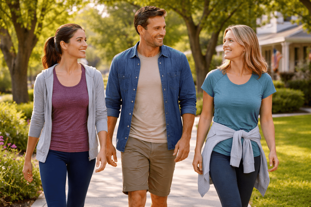 Adults walking together outdoors, showing healthy lifestyle habits that support long-term weight loss after 30