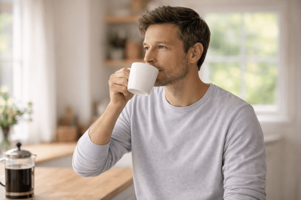 Man drinking coffee in the morning while learning if caffeine boosts metabolism after 30