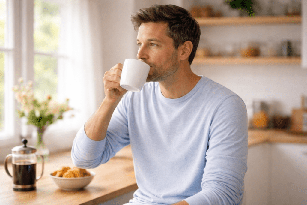 Man drinking coffee in the morning while learning if caffeine good for weight loss after 30
