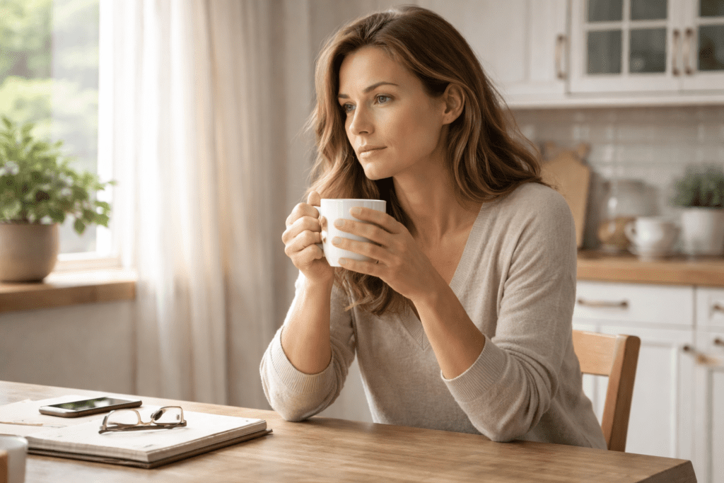 Woman holding a cup of coffee while thinking about stress eating and weight gain after 30