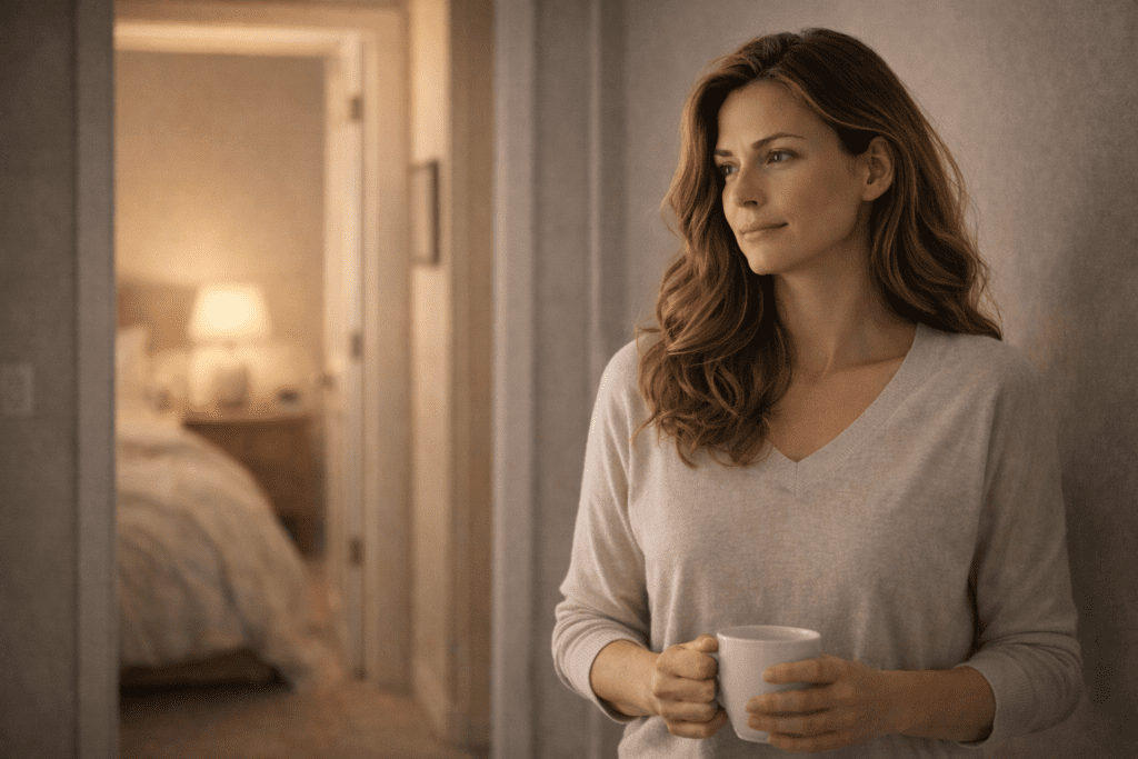 Woman holding a mug at home while thinking about how hormones affect weight loss after 30