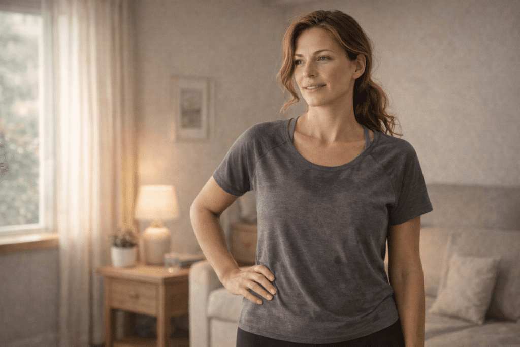 Woman in workout clothes at home showing confidence after starting HIIT for belly fat