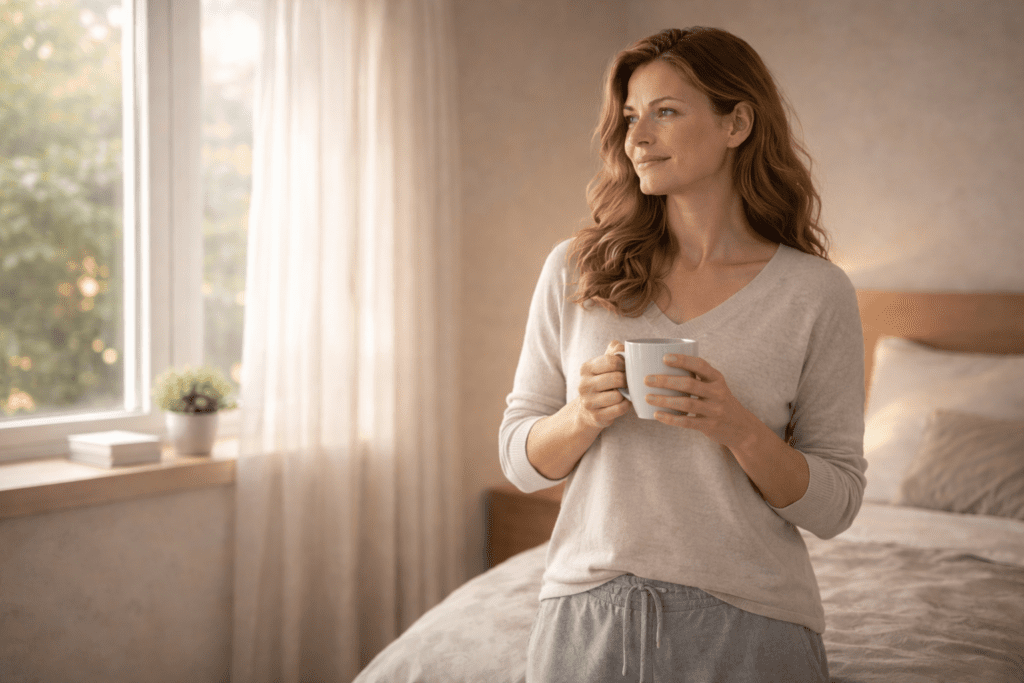 Woman holding a warm drink by the window as part of a calm morning routine to increase metabolism naturally