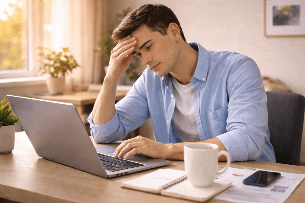 Man feeling stressed at a desk showing how stress affects metabolism after 30