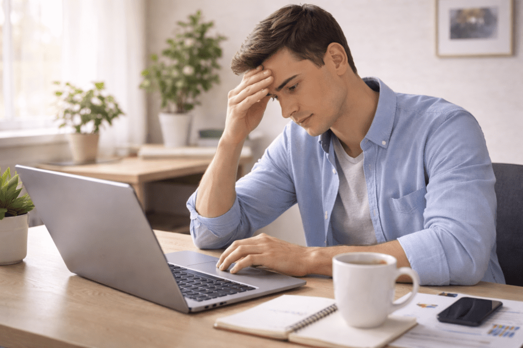Man feeling stressed at a desk showing how stress affects caffeine and weight loss