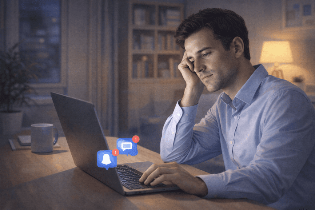 Man working late at night showing stress that can lead to emotional eating