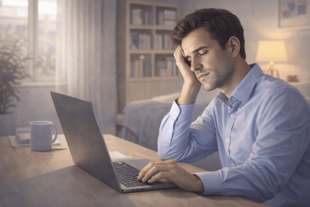Man feeling tired at a desk showing signs of a slow metabolism