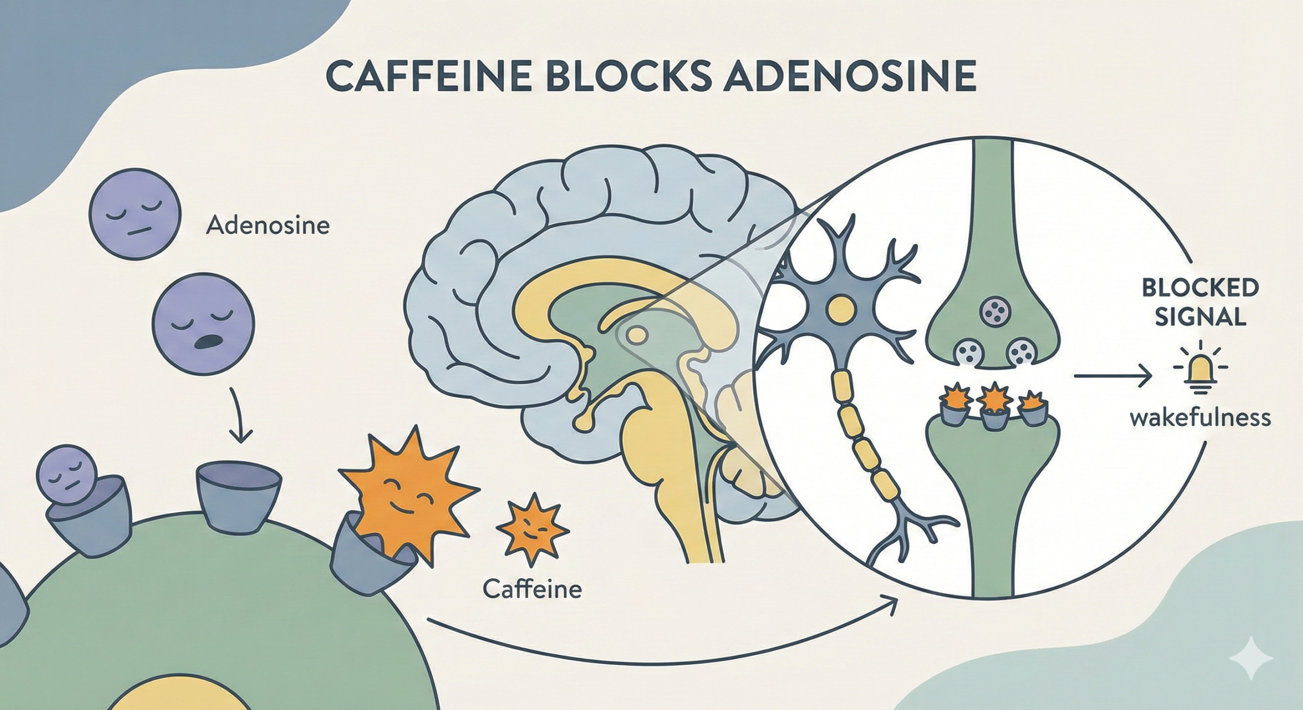 Diagram showing how caffeine blocks adenosine in the brain to increase alertness