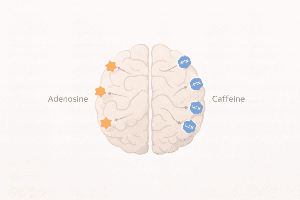 Illustration showing how caffeine blocks adenosine in the brain