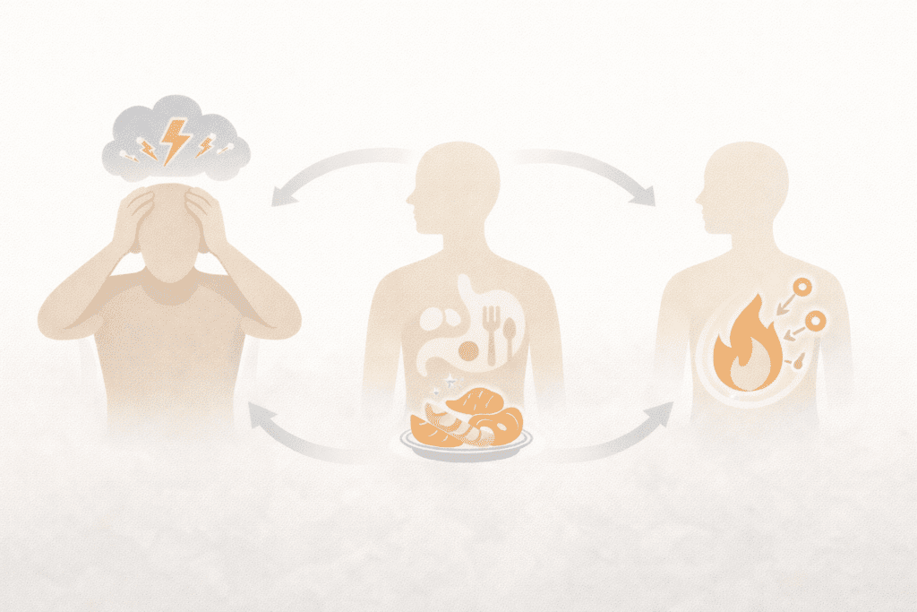 Illustration explaining how stress leads to overeating and fat storage