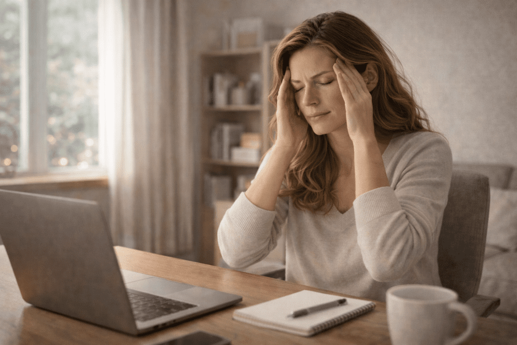 Woman feeling stressed at a desk showing how lifestyle affects belly fat