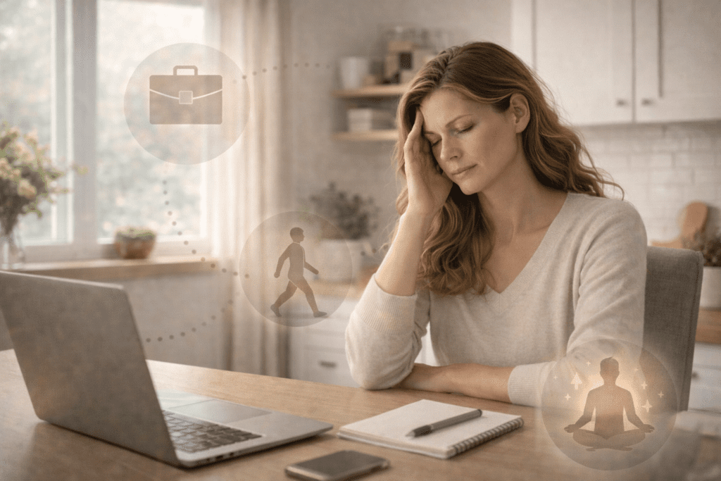 Woman feeling tired at a laptop highlighting lifestyle factors that affect metabolism