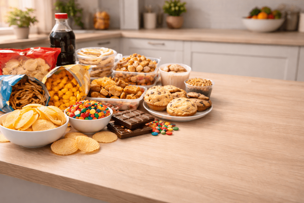 Processed snacks and sugary foods that are foods to avoid for menopause belly fat