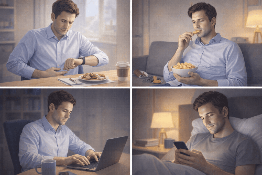 Examples of stress eating habits during daily routines