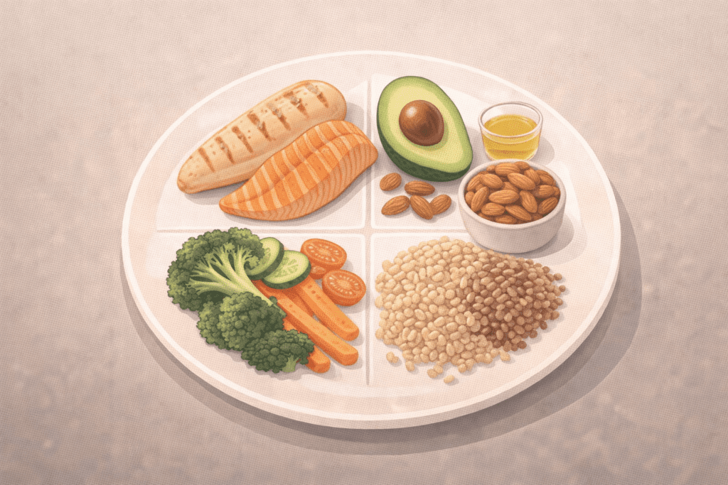 Plate showing balanced superfoods to boost metabolism naturally