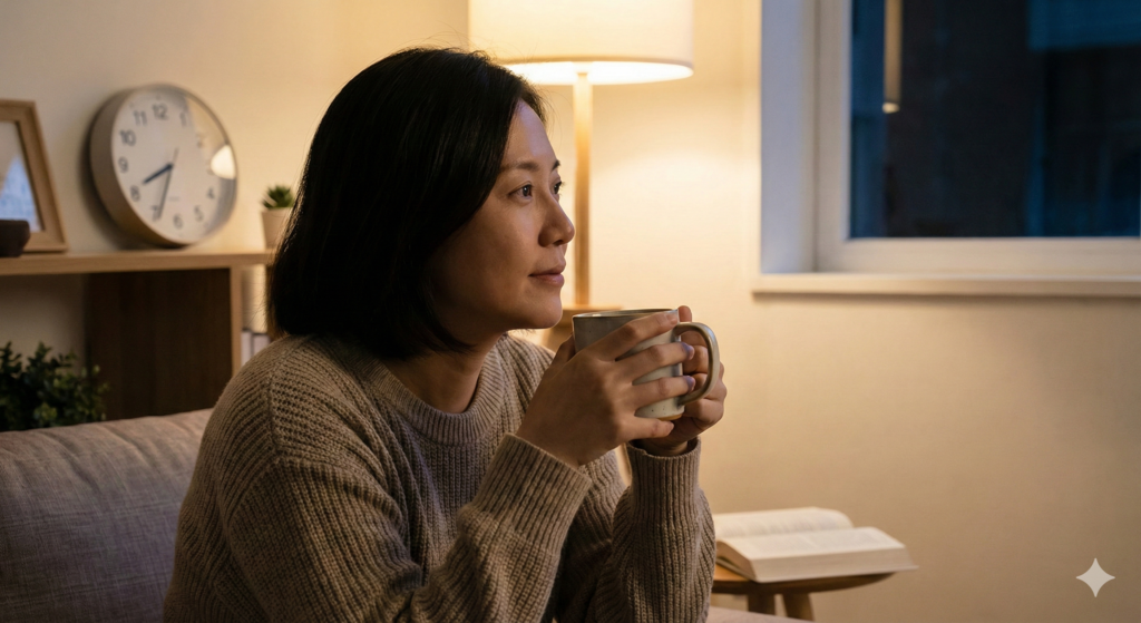 Woman drinking coffee at night showing how late caffeine affects metabolism and sleep