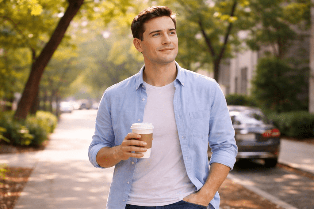 Man walking outdoors with coffee as part of an active lifestyle after 30