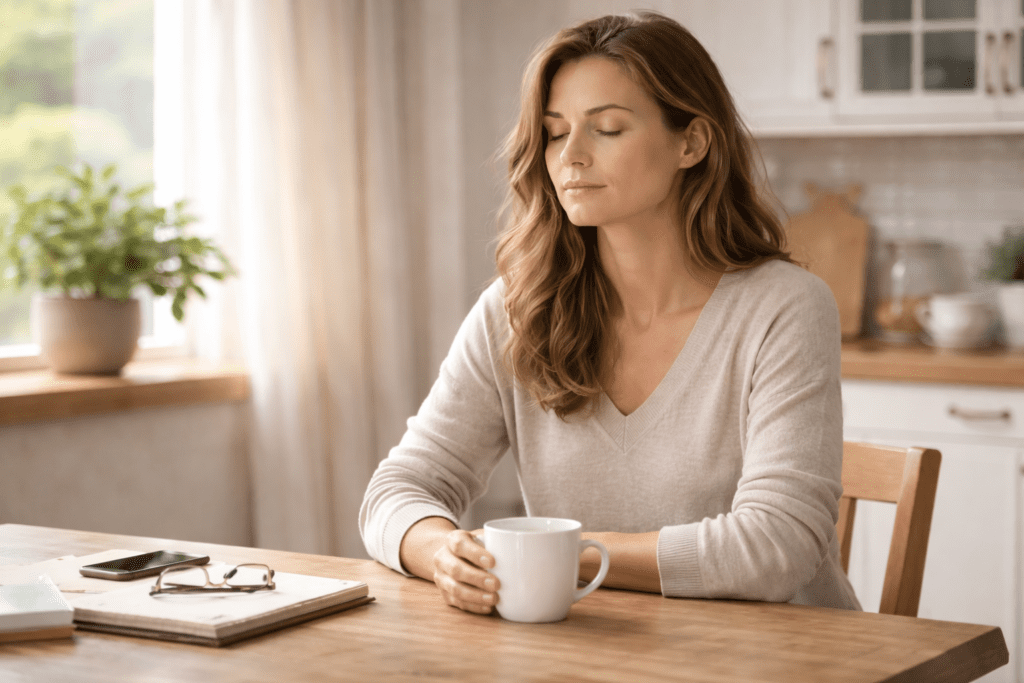 Woman practicing calm habits to reduce stress eating after 30