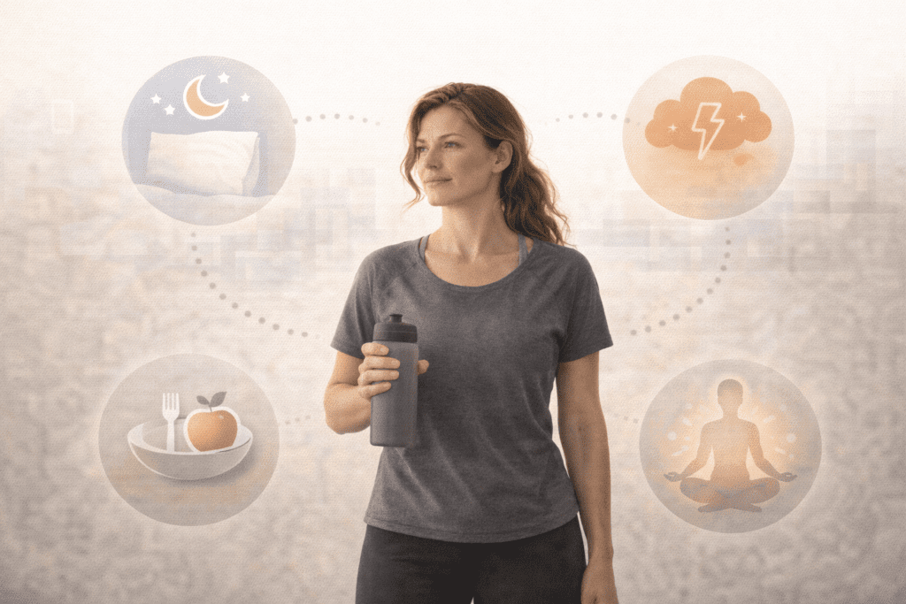 Woman holding a water bottle showing healthy habits that support HIIT results