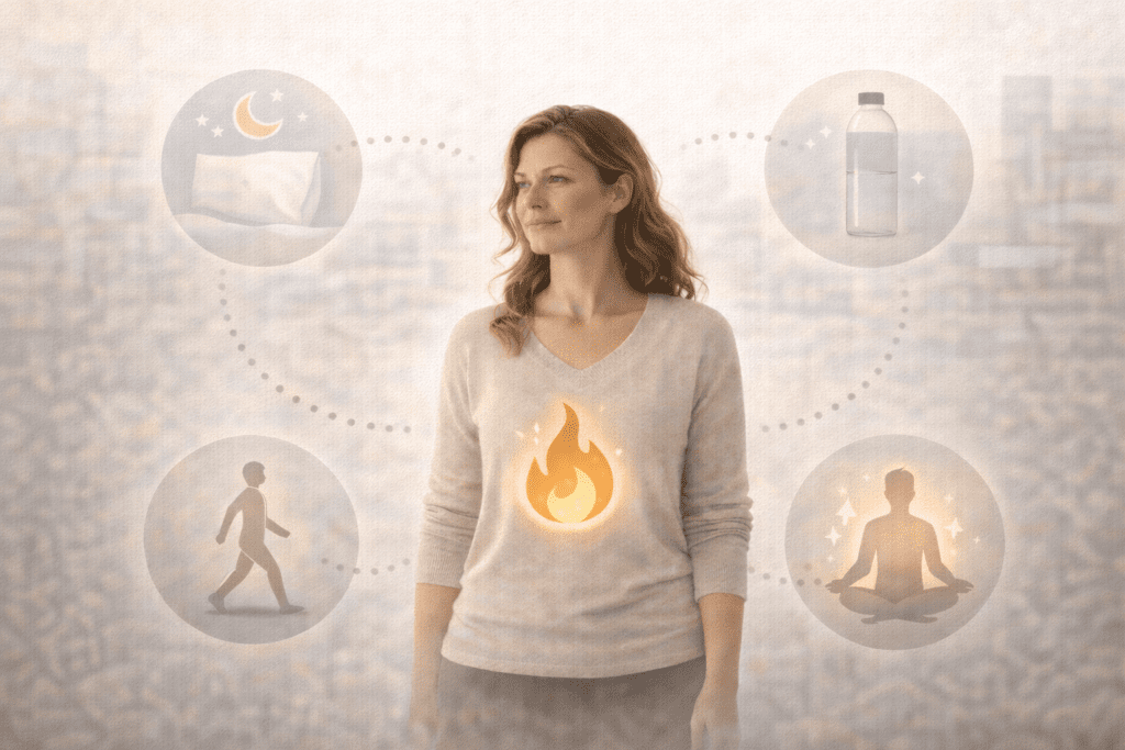 Illustration of sleep, walking, hydration, and relaxation supporting natural metabolism