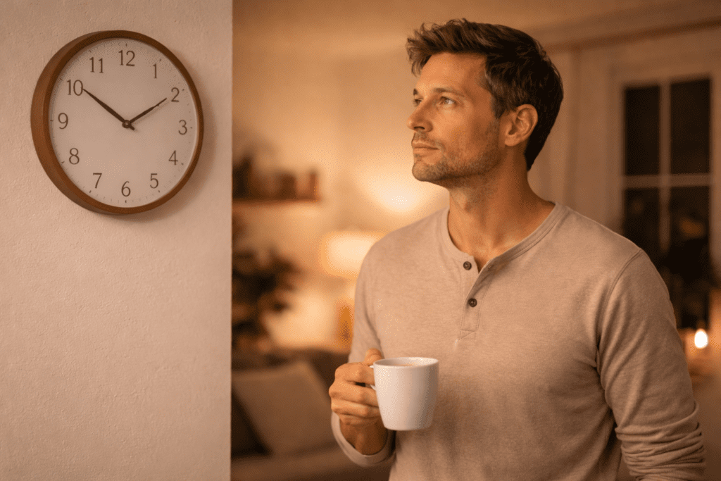 Man drinking coffee at night showing how late caffeine affects sleep and weight loss