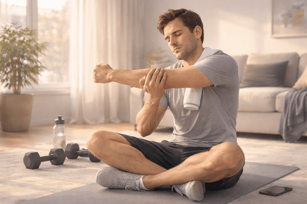 Man stretching after a HIIT workout for belly fat at home
