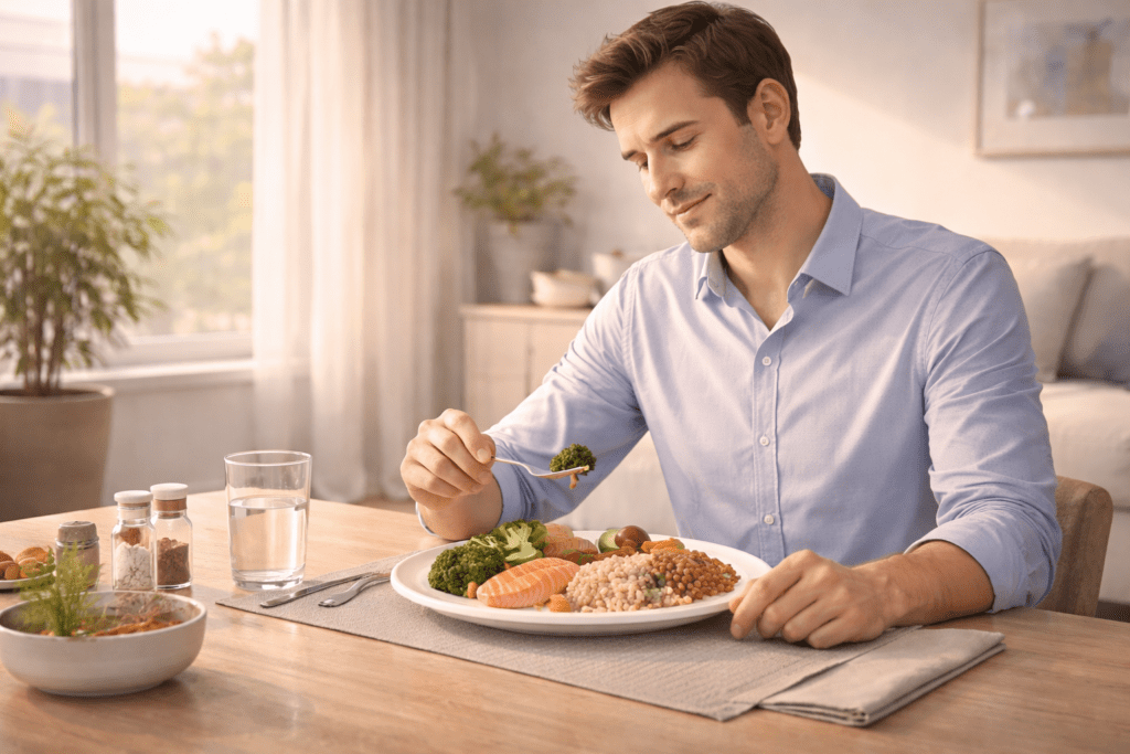 Man eating a balanced meal with metabolism boosting superfoods