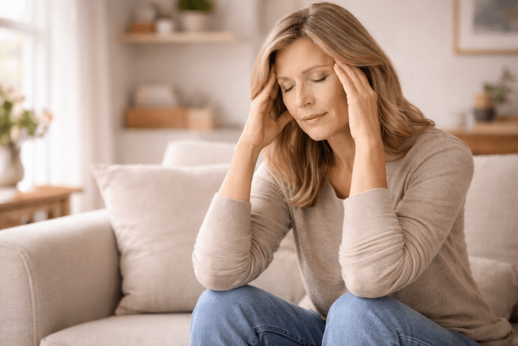 Woman feeling overwhelmed showing stress linked to menopause belly fat