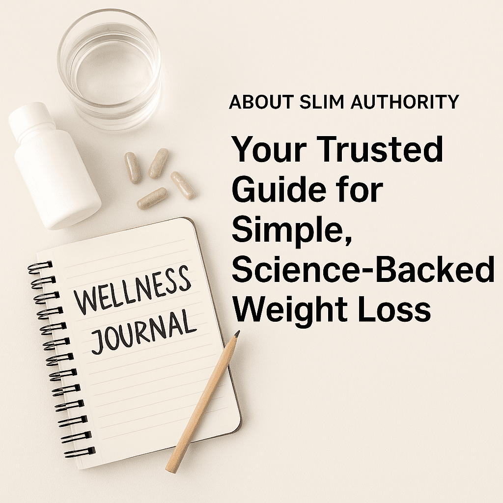 Flat lay of wellness journal, supplements, and water glass with text about Slim Authority’s science-backed weight-loss guidance.
