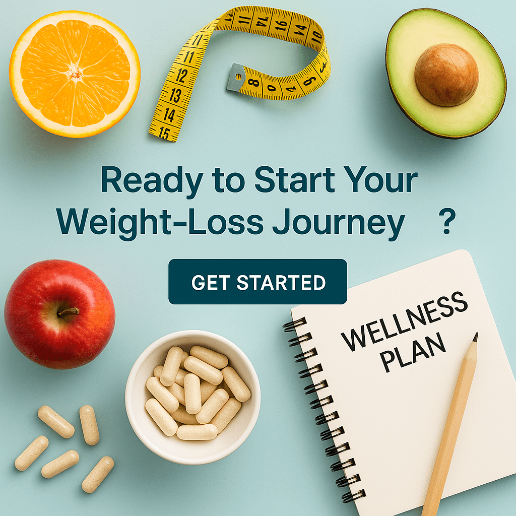 Flat lay of weight-loss items including fruit, supplements, measuring tape, and wellness journal with text ‘Ready to Start Your Weight-Loss Journey?’ and a Get Started button.