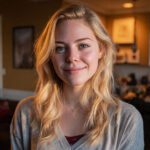 Smiling woman giving a 24 lbs weight-loss testimonial in a warm indoor setting.