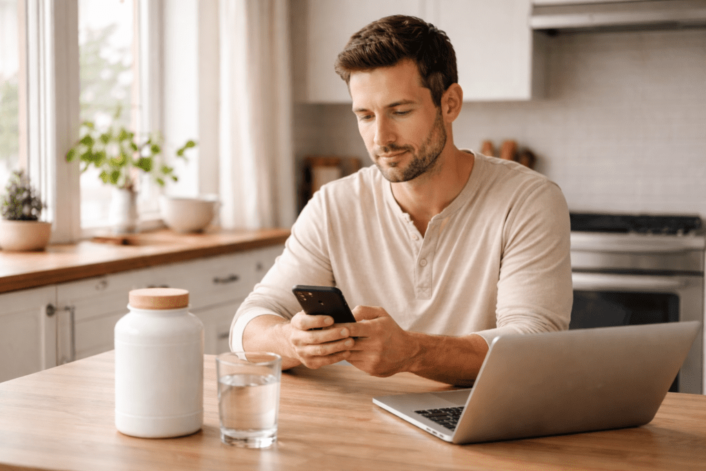 American man reviewing supplement information on his phone at a kitchen table with water and powder, researching Ikaria Juice side effects