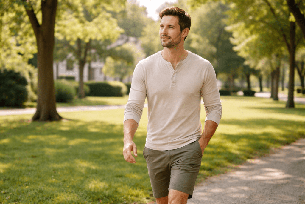 Healthy American adult walking outdoors as part of a balanced lifestyle while considering Ikaria Juice side effects