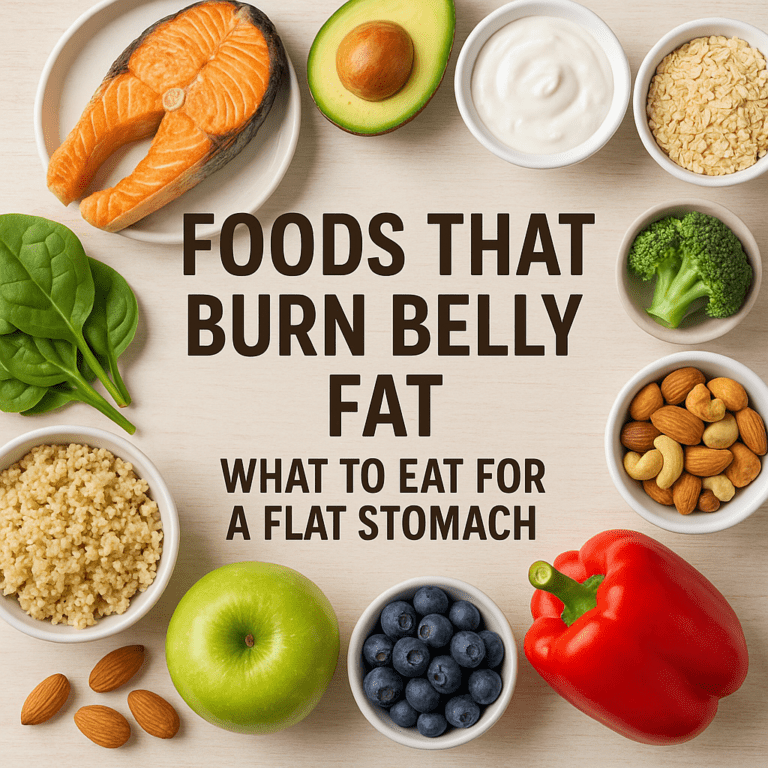 An overhead view of Foods That Burn Belly Fat such as salmon, avocado, yogurt, oats, quinoa, berries, nuts, and vegetables, showing what to eat for a flatter stomach.