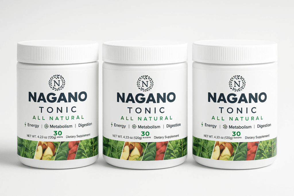 Three bottles of Nagano Tonic all-natural supplement for energy, metabolism, and digestion support.