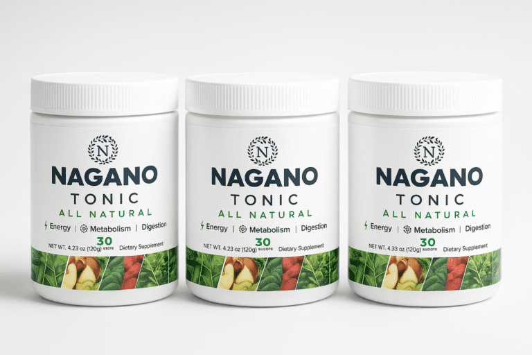 Three bottles of Nagano Tonic all-natural supplement for energy, metabolism, and digestion support.
