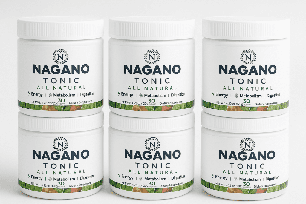 Six bottles of Nagano Tonic all-natural supplement designed to support energy, metabolism, and digestion.