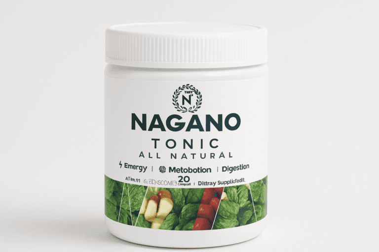 Nagano Tonic all-natural supplement jar with a premium quality badge, supporting energy, metabolism, and digestion.