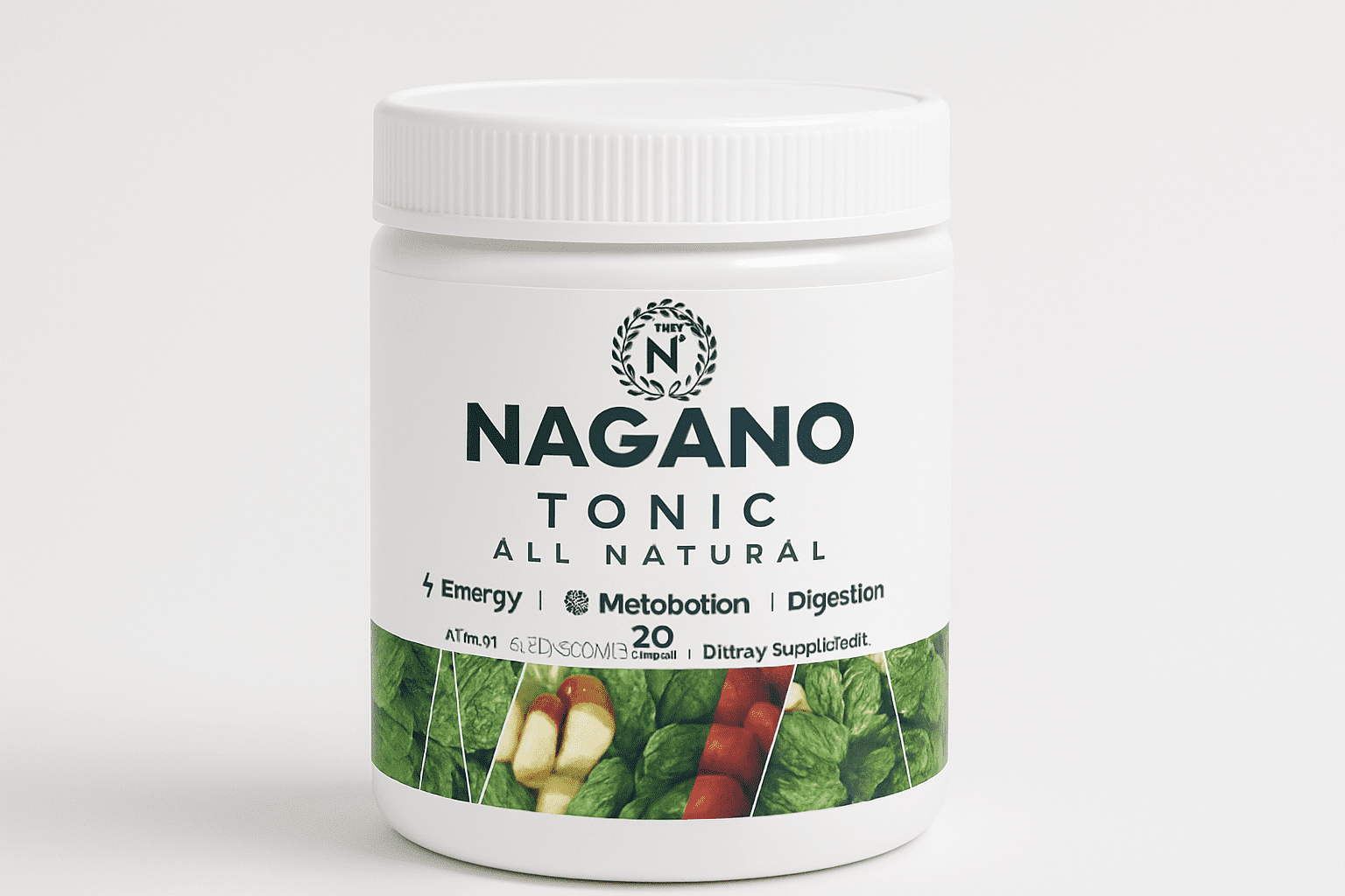 Nagano Tonic all-natural supplement jar with a premium quality badge, supporting energy, metabolism, and digestion.