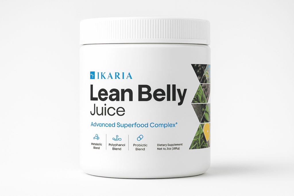 Ikaria Lean Belly Juice supplement jar with advanced superfood complex for metabolic, polyphenol, and probiotic support.