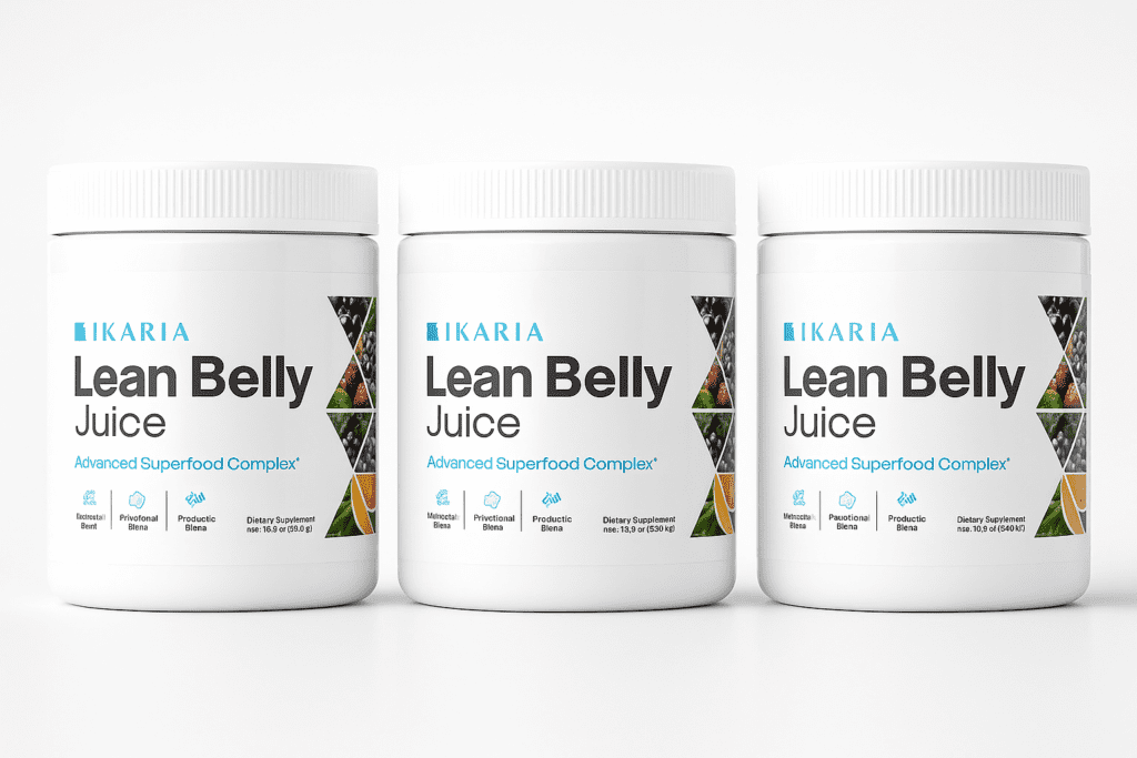Three jars of Ikaria Lean Belly Juice advanced superfood complex displayed in a clean product bundle layout.
