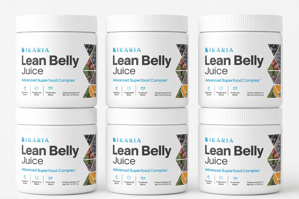 Six jars of Ikaria Lean Belly Juice advanced superfood complex displayed in a stacked bundle layout.