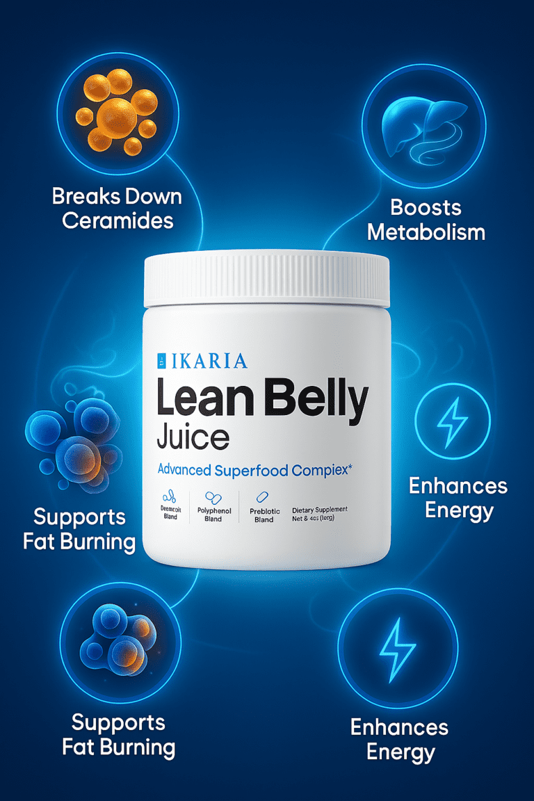 Ikaria Lean Belly Juice bottle surrounded by icons showing benefits like breaking down ceramides, boosting metabolism, supporting fat burning, and enhancing energy.