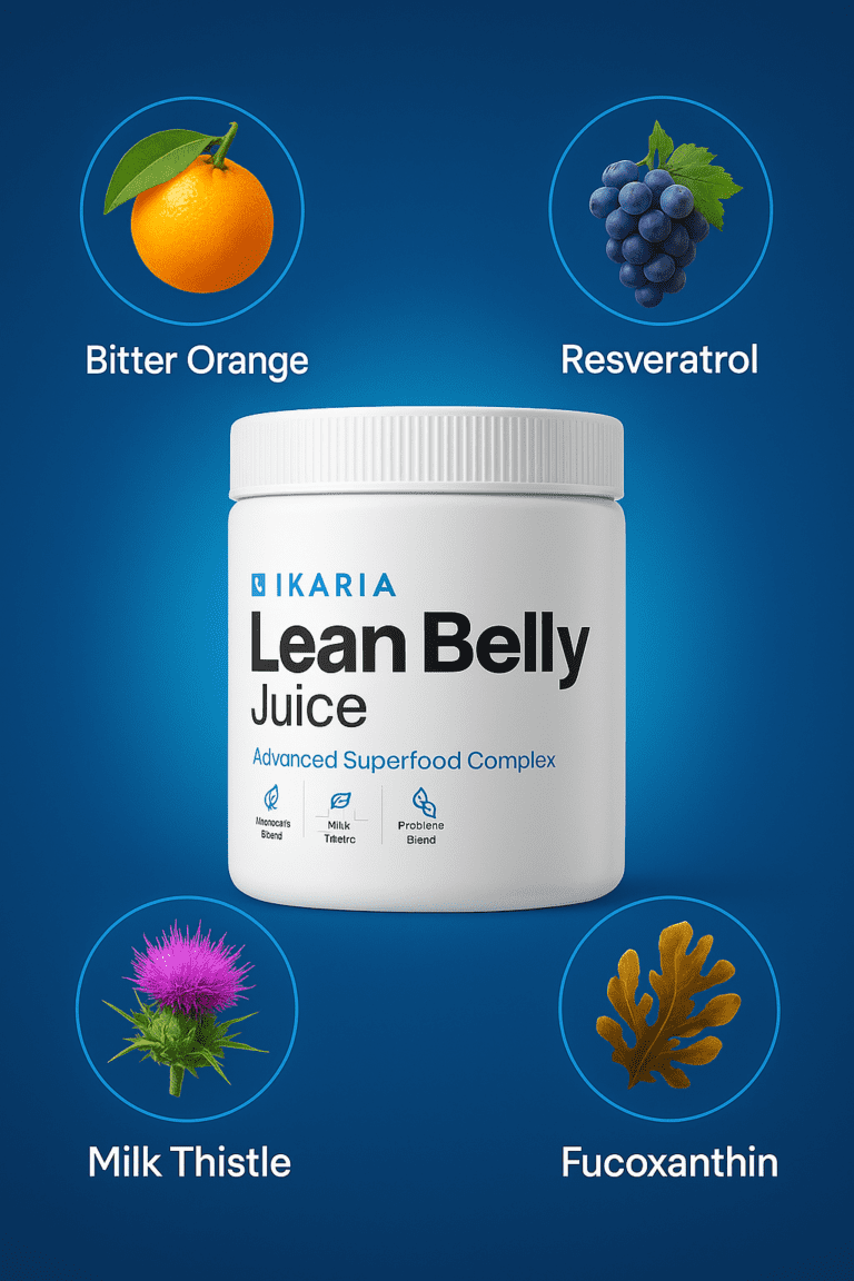 Ikaria Lean Belly Juice supplement with highlighted natural ingredients including bitter orange, resveratrol, milk thistle, and fucoxanthin.