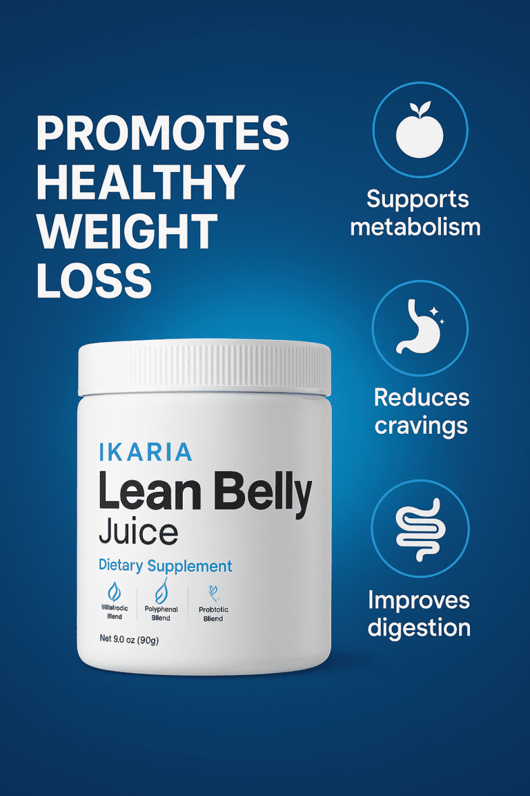 Ikaria Lean Belly Juice supplement with icons showing benefits such as supporting metabolism, reducing cravings, and improving digestion.