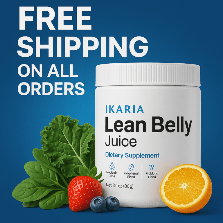 Ikaria Lean Belly Juice supplement jar with fruits and greens on a blue background displaying a free shipping offer.