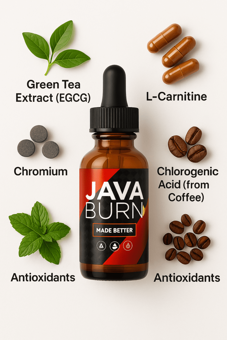 ava Burn ingredients graphic showing green tea extract, L-carnitine, chromium, chlorogenic acid, and antioxidants around a Java Burn liquid supplement bottle.