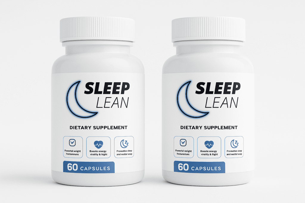 Two Sleep Lean dietary supplement bottles side by side, showing label icons for sleep quality, energy support, and metabolic balance.